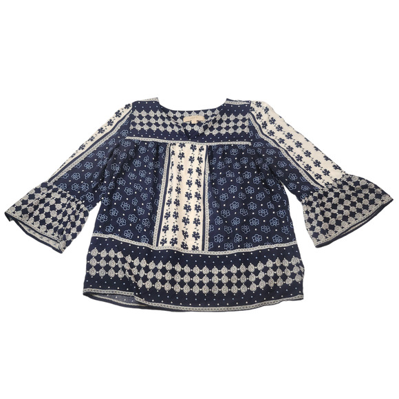 LOFT Shirt Medium Blue White Boho Poet Bell Sleeve Floral Peasant Blouse - Picture 2 of 10